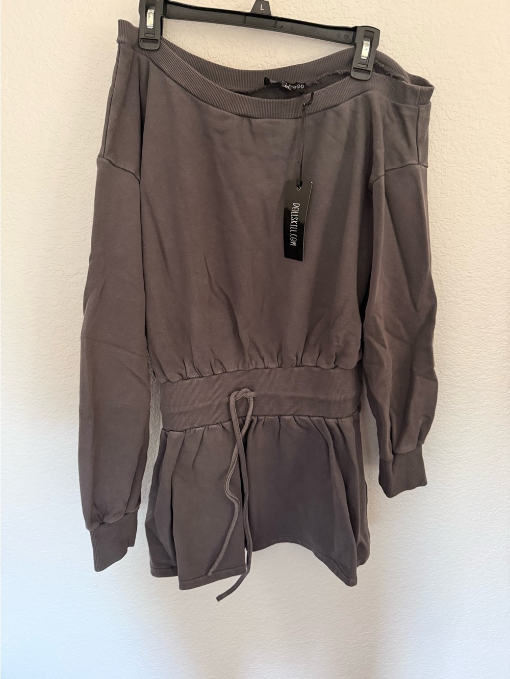 Current Mood Off-Shoulder Drawstring Waist Jumpsuit — Gray